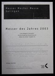 Urkunde Messer des Jahres